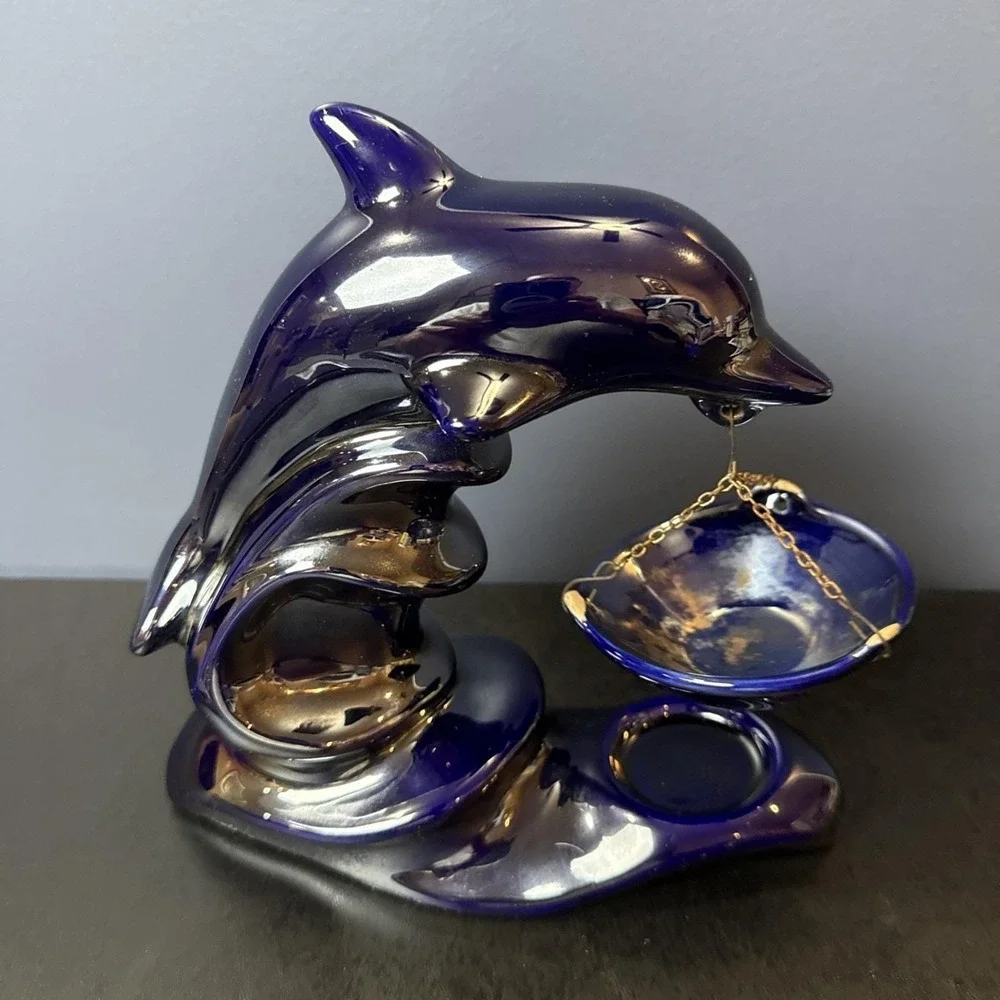 Dolphin Tea Light Candle Holder Wax Melt Made in Poland Iridescent Dark‎ Blue